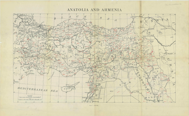 Detailierte Karte von Anatolien und Armenien auf Papier mit begleitendem Text, die geographische Merkmale wie Flüsse, Berge und Städte zeigt.