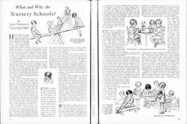 Ein aufgeschlagenes Buch mit einer Zeichnung von Kindern, die in einer Kita spielen, begleitet von Text und Bildern sowie einer Tabelle mit verschiedenen Gegenständen.