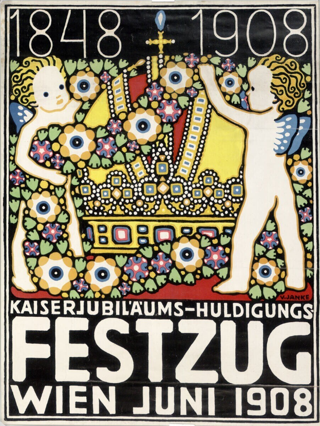 Plakat für ein Wiener Festival mit einem Gemälde von zwei Kindern, die eng beieinanderstehen und sich gegenseitig umarmen, sowie Text mit Festivaldetails.