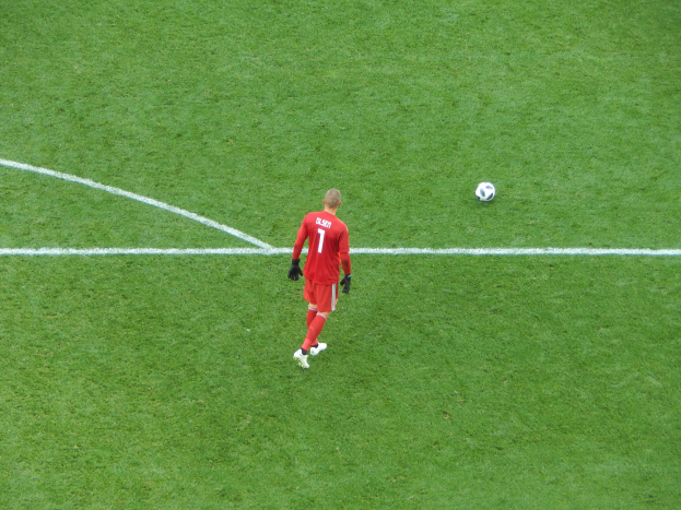 Ein Fussballspieler in rotem Trikot, schwarzen Handschuhen und weissen Schuhen steht auf einem gr√ľnen Feld mit einer weissen Linie.