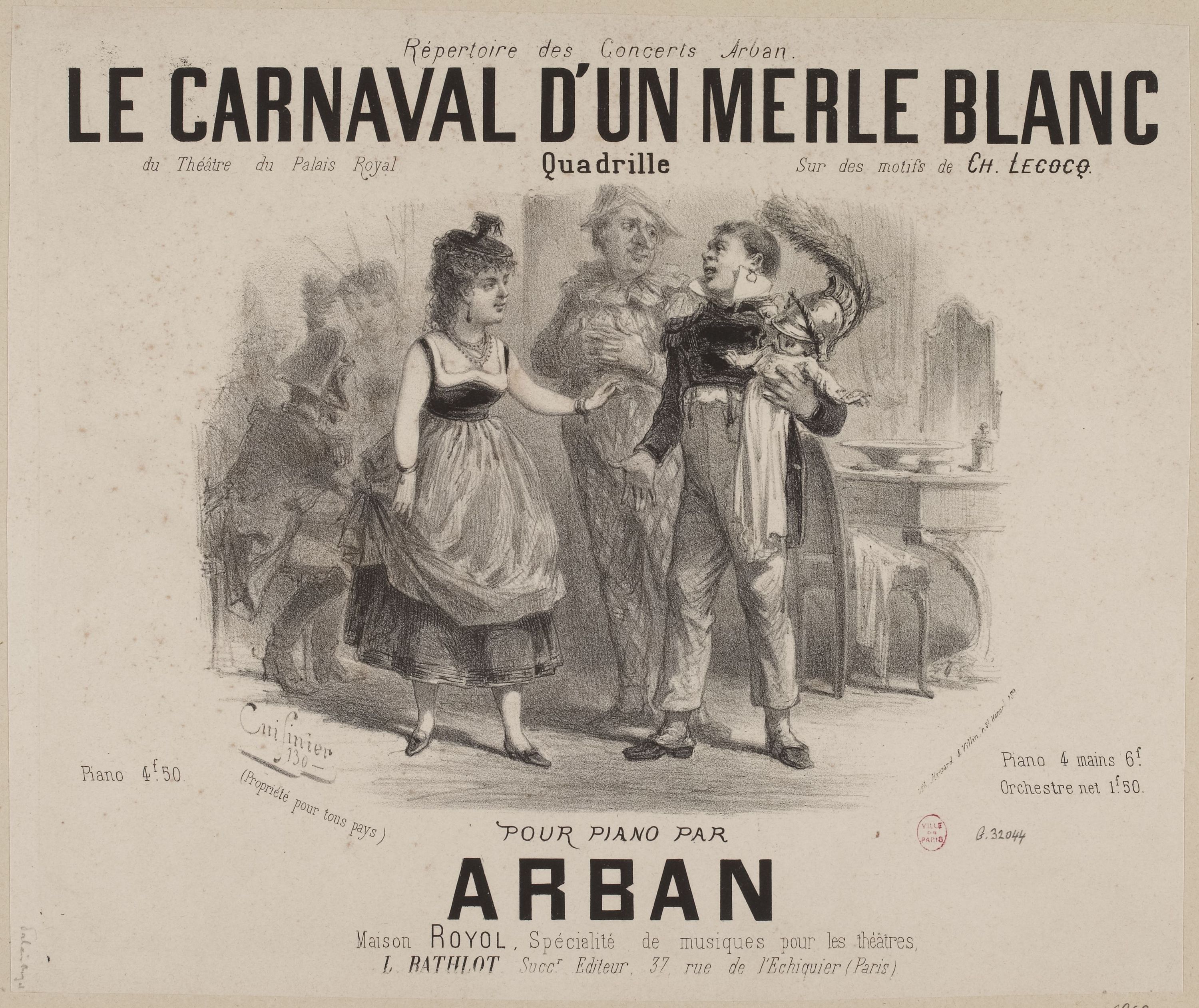 Ein Blatt Papier mit einer Zeichnung eines Mannes und einer Frau in traditioneller Kleidung vor einem Karneval, mit der Aufschrift "le carnaval d'un merle blanc".