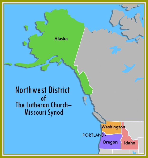 Eine detaillierte Karte des Nordwestdistrikts der Lutheran Church-Missouri Synod, die verschiedene Distrikte und die umliegenden Gebiete zeigt, mit zusätzlichem Text, der Informationen über die Kirche und ihren Standort bereitstellt.