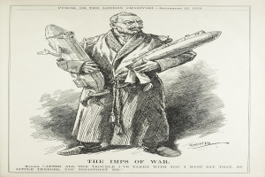 Ein altes Buch mit einer Zeichnung eines Mannes, der eine Rakete hält, mit dem Text "Die Kriegsgeister" auf der Seite.