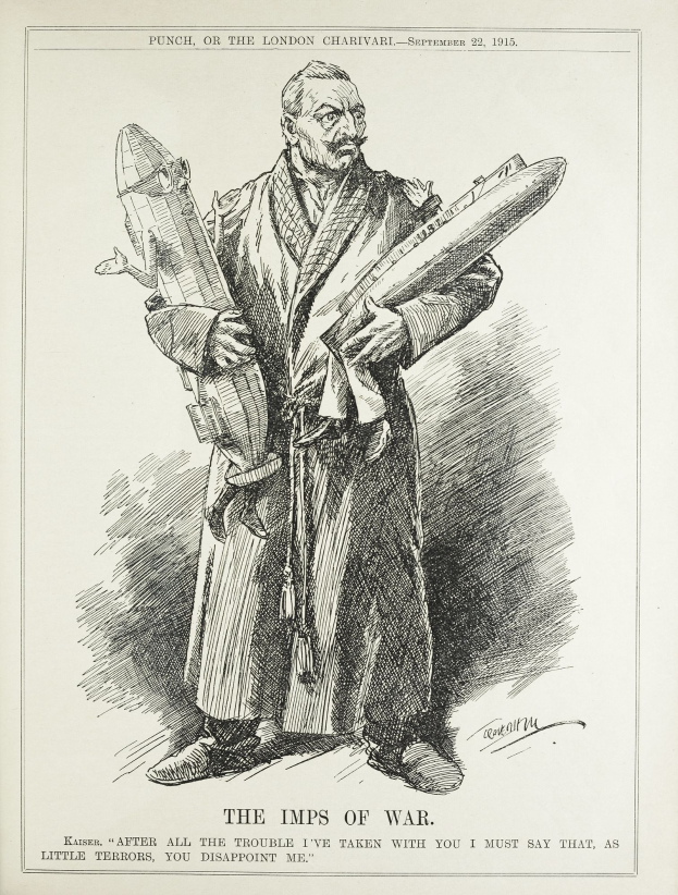 Ein altes Buch mit einer Zeichnung eines Mannes, der eine Rakete hält, mit dem Text "Die Kriegsgeister" auf der Seite.