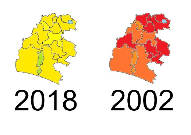 Eine Deutschlandkarte, die die Provinzen von 2002 in rot und orange und von 2018 in gelb hervorhebt, auf einem weißen Hintergrund mit Text.