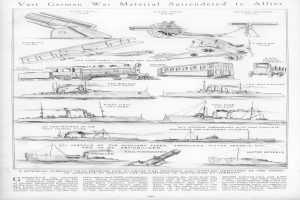 Ein Blatt Papier mit Abbildungen verschiedener deutscher Militärfahrzeuge und Schiffe, mit der Aufschrift "Viele deutsche Kriegsmaterialien an die Alliierten übergeben".