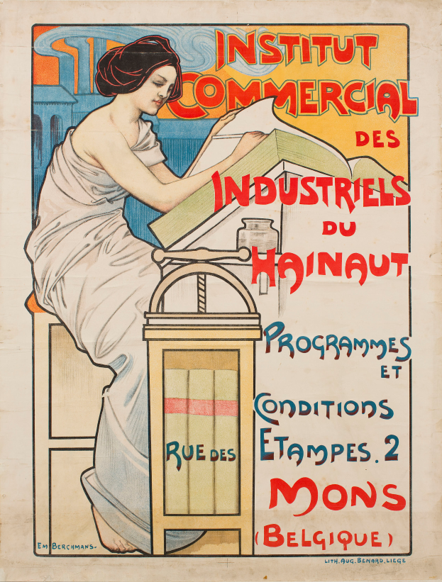 Eine Frau sitzt an einem Tisch mit einem Buch in den Händen auf einem Plakat, das das Institut Commercial des Industriels du Hainaut bewirbt, mit Text, der Informationen über das Institut bereitstellt.