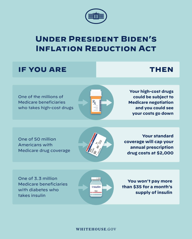Plakat mit der Aufschrift "Unter dem Inflationsreduktionsgesetz von Präsident Biden" mit schwarzem Text auf einem weißen Hintergrund, unterteilt in zwei Abschnitte: oben die Auswirkungen des Gesetzes und unten die visualisierte Darstellung in Blau und Grün.