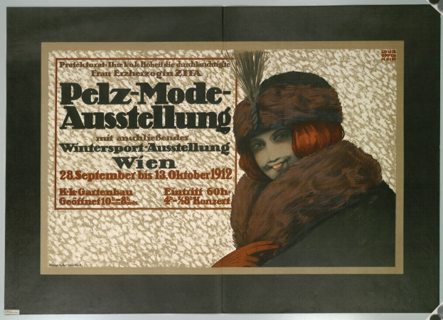 Plakat für ein Wintersport-Event in Wien, Österreich, mit einer lachenden Frau in einem Pelzmantel und Hut sowie Event-Details im Text.