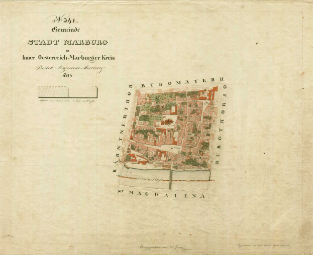 Detallierte alte Stadtplan von Marburg mit Straßen, Gebäuden und Sehenswürdigkeiten mit beschreibendem Text.
