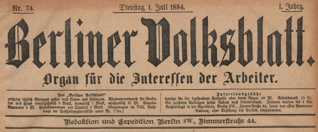 Altes deutsches Zeitungsblatt "Berliner Volksblatt" von 1884, vergilbt und mit schwarzer Tinte beschrieben.