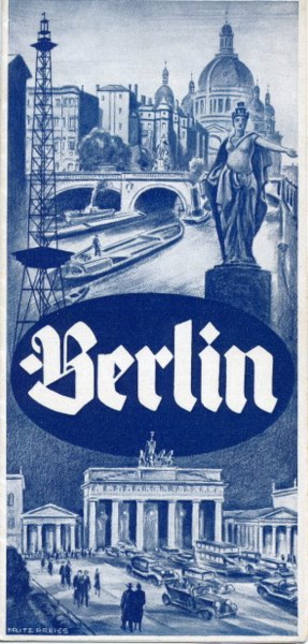 Ein Plakat, das Berlin, Deutschland bewirbt, zeigt eine Statue, Gebäude, einen Turm, Menschen, Fahrzeuge auf einer Straße und eine Brücke, mit Text, der Informationen über die Stadt enthält.