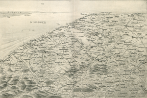Ein detailliertes altes Stadtplan von Nordea, der Straßen, Gebäude, Sehenswürdigkeiten und Text enthält, der Informationen über die Bevölkerung, Straßen und Sehenswürdigkeiten der Stadt enthält.