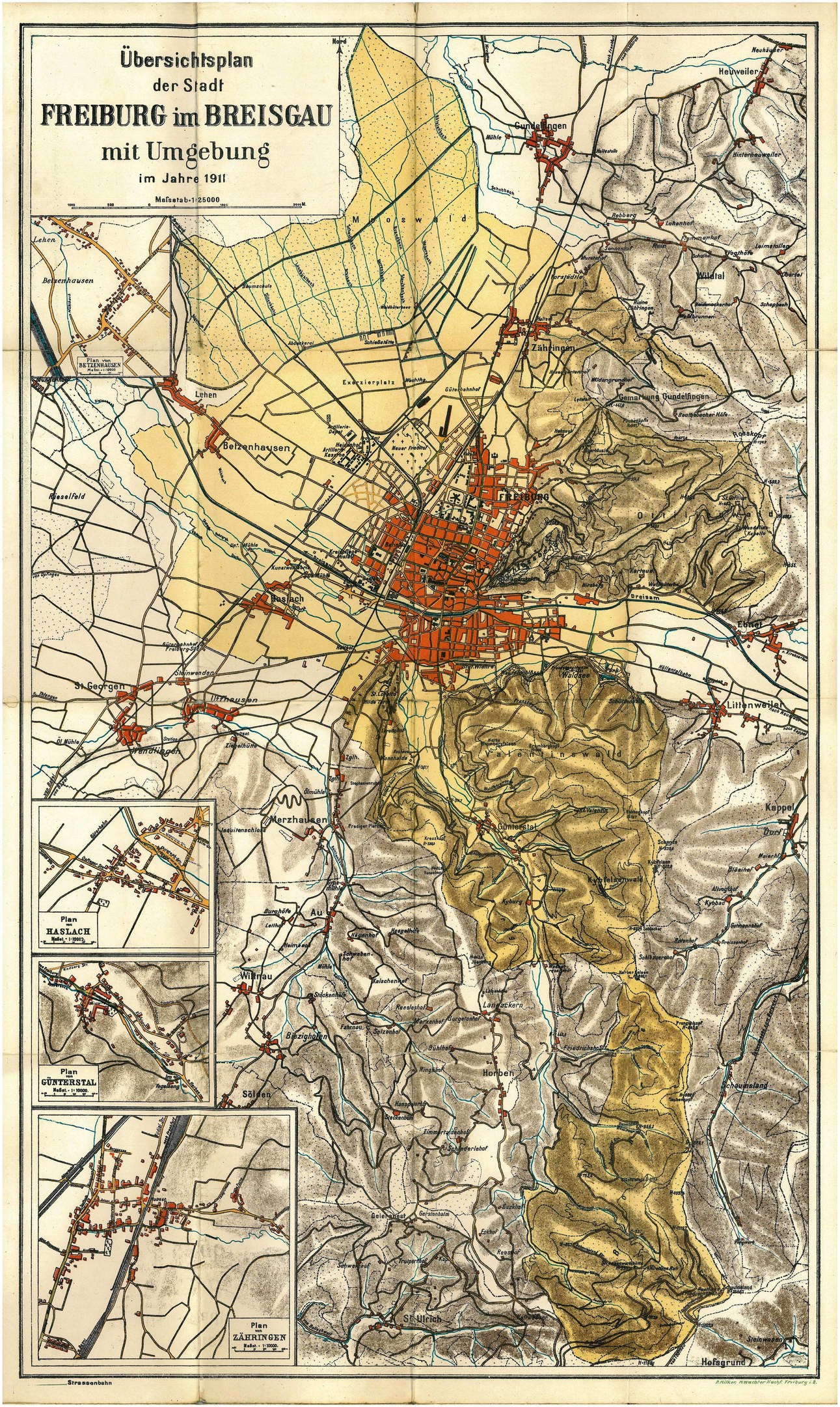 Detailierte alte Karte von Freiburg, Deutschland, mit Straßen, Gebäuden und Sehenswürdigkeiten, begleitet von Text oben und unten.