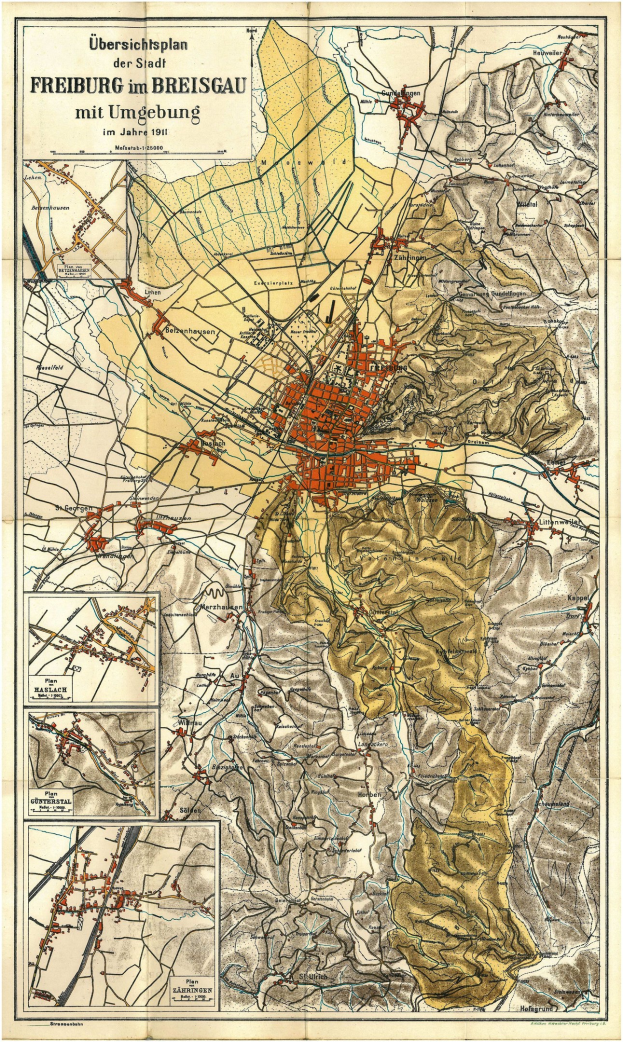 Detailierte alte Karte von Freiburg, Deutschland, mit Straßen, Gebäuden und Sehenswürdigkeiten, begleitet von Text oben und unten.