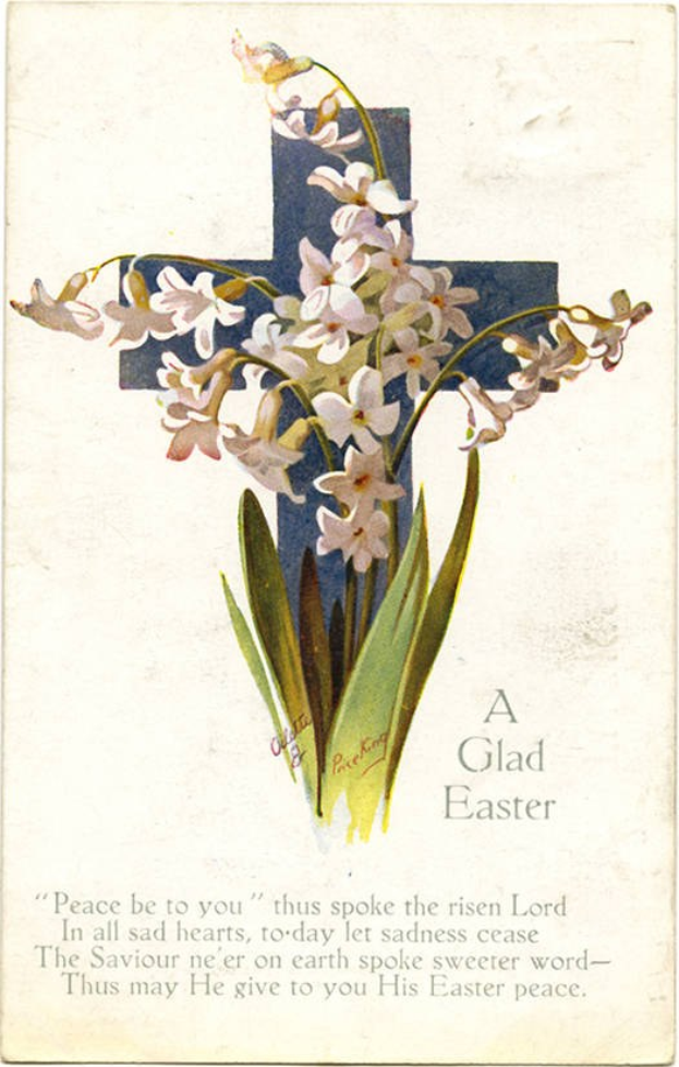 Alte Postkarte mit einem blumengeschmückten Kreuz und dem Text "Ein fröhliches Ostern".