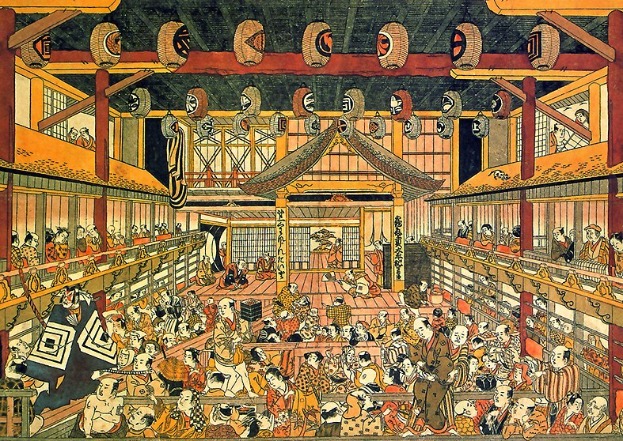 Gemälde eines überfüllten Raumes mit sitzenden und stehenden Figuren, Säulen und Hintergrundobjekten, signiert "Utagawa Kunisada Toyokuni III/Kuniyoshi Toyokubi III/Ukiyo-e" unten.