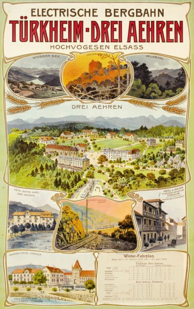 Plakat wirbt für Bergbahn, Deutschland als elektrisches Stadt, zeigt Gebäude, Bäume, Hügel und beschreibenden Text.