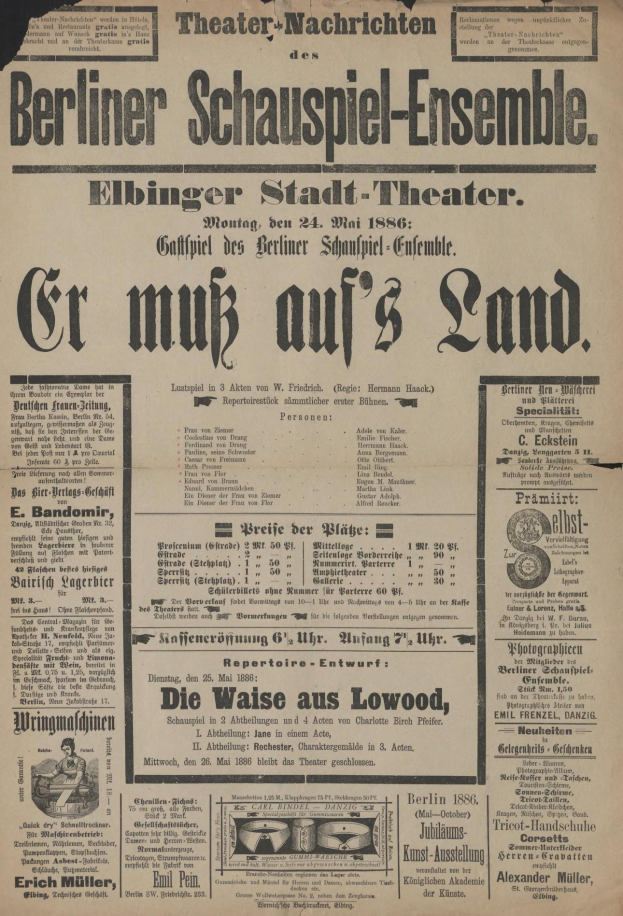 Eine alte Zeitungsanzeige aus dem Jahr 1866 für das Berliner Schauspiel-Ensemble, die einen Mann in Anzug und Krawatte zeigt, mit beschreibendem Text zum Ereignis.