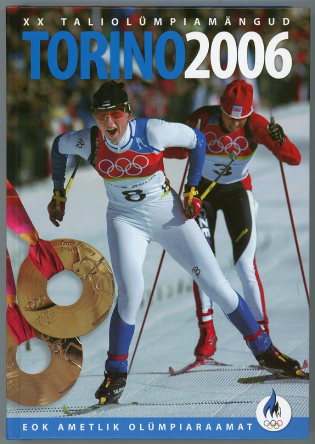 Ein Plakat der Olympischen Spiele 2006 in Turin, Italien, mit zwei Skifahrern auf dem Schnee und der Aufschrift "Torino 2006".