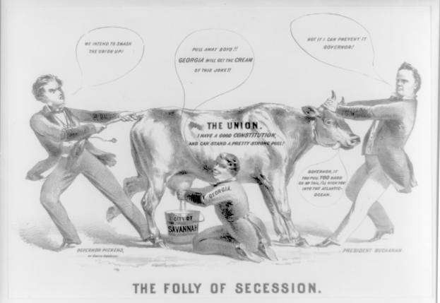 Ein Plakat mit einem Schwarz-Weiß-Bild von drei besorgten Menschen und einer zentralen Kuh, mit fetter Schrift, die "Die Torheit der Abspaltung" lautet.