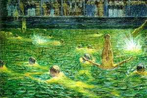 Ein Gemälde namens "Der Pool" von KÜNSTLER, das eine Gruppe von Menschen zeigt, die fröhlich in einem Gewässer schwimmen, mit einem Gebäude im Hintergrund.