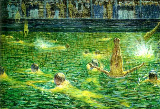 Ein Gemälde namens "Der Pool" von KÜNSTLER, das eine Gruppe von Menschen zeigt, die fröhlich in einem Gewässer schwimmen, mit einem Gebäude im Hintergrund.