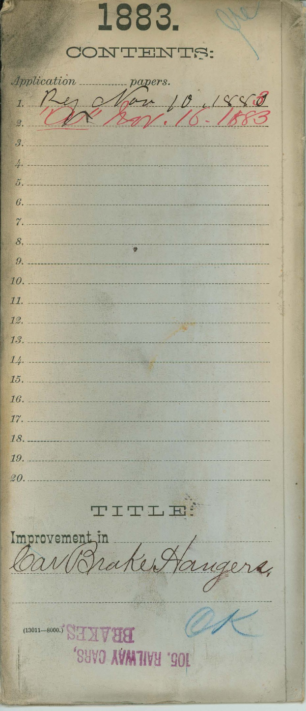 Offenes Buch mit einer Liste von 1883 Verbesserungen für die Eisenbahnwagen von Bremse.