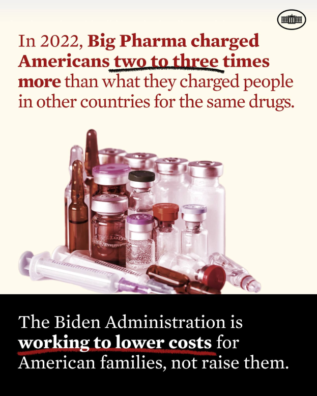 Ein Plakat, das zeigt, dass Big Pharma 2022 Amerikaner zwei bis drei Mal so viel für dieselben Medikamente berechnet hat wie in anderen Ländern, mit Bildern von Medikamentenflaschen und einer Spritze darunter.