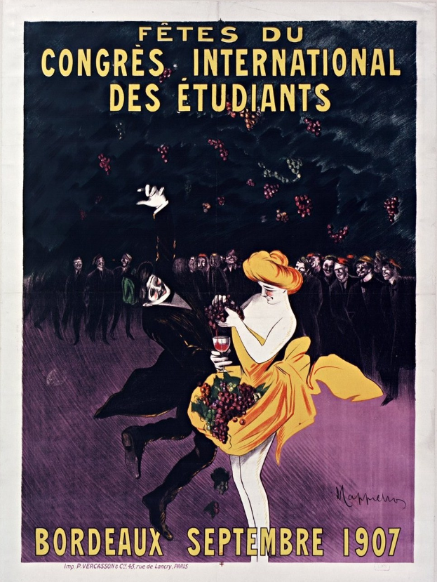 Plakat für eine Weinprobe in Bordeaux 1907 mit einer Frau in gelbem Kleid und Weinglas, umgeben von einer Menge, mit Veranstaltungstext.