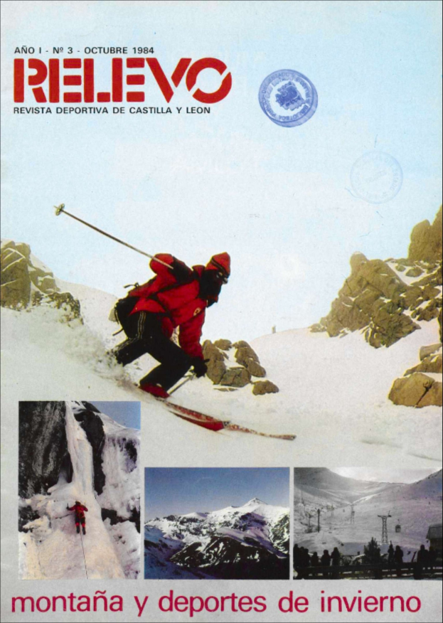 Ein Plakat, das eine Person in einer roten Jacke mit Skistöcken einen schneebedeckten Berg hinunterskien zeigt, umgeben von Bildern anderer Menschen, Bergen, Himmel, Text und einem Logo.