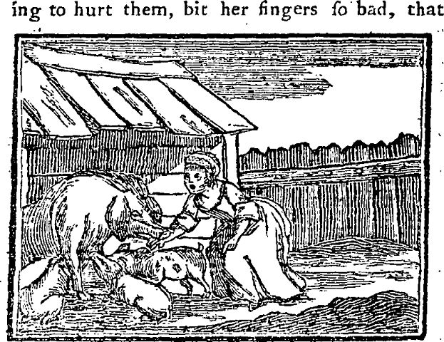 Eine Schwarz-Weiß-Zeichnung einer Frau, die neben einem Hund auf dem Boden sitzt, mit einer Hütte im Hintergrund und Text oben und unten, der lautet: "Ing zu verletzen, biss ihre Finger zu sehr, das."