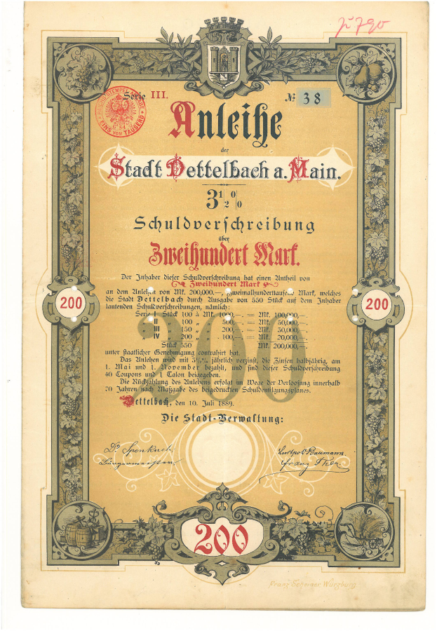 Ein altes deutsches Aktienzertifikat mit einem Porträt eines Mannes, auf dem Text und numerische Werte gedruckt sind.