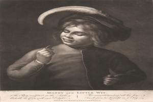 Ein junger Junge mit Hut hält eine Zigarette, sieht verschmitzt aus, mit dem Text "Geld und wenig Verstand" unten.