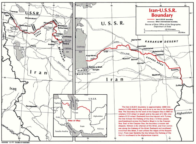 Detailierte Plakatkarte der iranisch-sowjetischen Grenze mit Text, geografischen Merkmalen und Ländernamen.