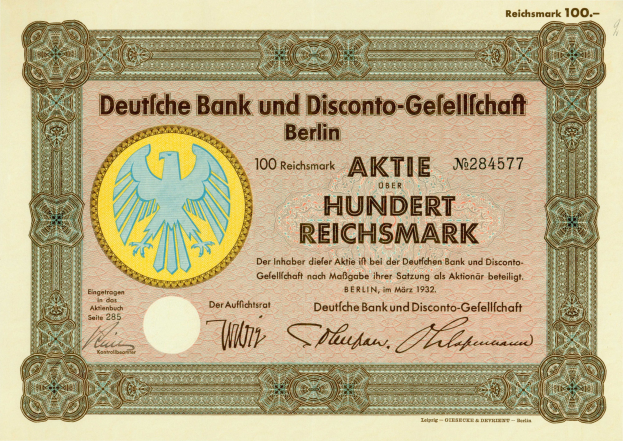 Deutscher Geldschein mit einer Vogeldarstellung und der Aufschrift "Deutsche Bank und Disconto-Gesellschaft Berlin".