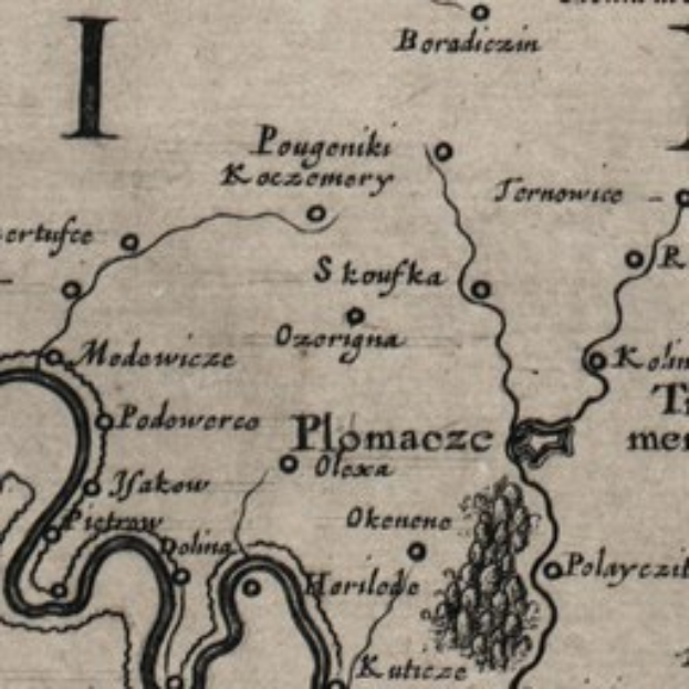 Ein detaillierter alter Stadtplan von Plomaczcz, Polen, der Städte, Dörfer, geografische Merkmale und Texte über Bevölkerung, Straßen und Sehenswürdigkeiten zeigt.
