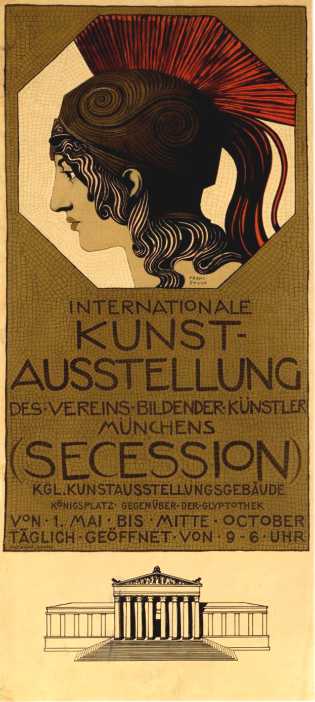 Ein Plakat für die Internationale Kunstausstellung in München, Deutschland, das eine Frau mit einem menschlichen Gesicht in der Mitte zeigt und Text enthält, der Informationen zum Event liefert.