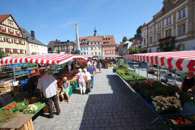 Ein belebter Markt im historischen Stadtzentrum von Heidelberg mit Menschen, die umhergehen, sitzen und stehen, sowie Zelten, Tischen mit Körben voller Gemüse und Gebäuden mit Fenstern, Bäumen und einem klaren blauen Himmel im Hintergrund.