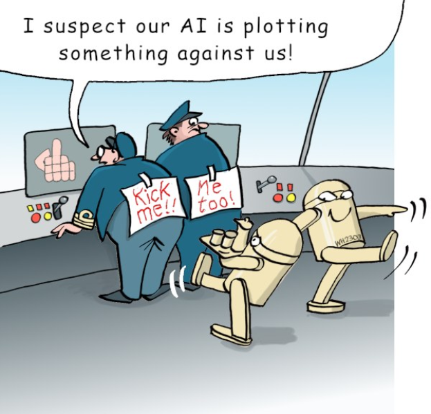 Cartoon of a police officer holding a sign saying "I suspect our AI is plotting something against us" while two robots stand in front of him, one holding a paper, with a wall-mounted screen and buttons in the background.