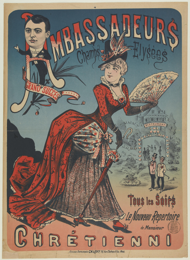 Ein Plakat, das eine Frau in einem roten Kleid und einen Mann in einem schwarzen Anzug zeigt, die vor einem Gebäude stehen, mit Text, der das Ereignis in Paris, Frankreich, beschreibt.