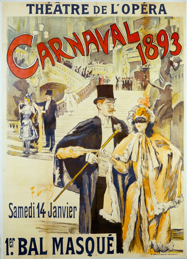 Ein altes Faschingsplakat aus dem Jahr 1893, das einen Mann mit Zylinder und eine Frau in einem langen Kleid zeigt, die nebeneinander vor einem hellgelben Hintergrund stehen, mit schwarzer Schrift, die das Ereignis beschreibt.