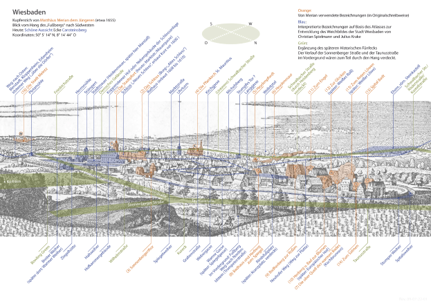 Eine detaillierte Karte von Wiesbaden, Deutschland, mit verschiedenen Blautönen, Grüntönen und Gelbtönen, die verschiedene Gebiete darstellen, begleitet von Texten zur Stadtgeschichte, Bevölkerung, Sehenswürdigkeiten und Punkten von Interesse.