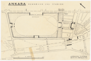 Ein detaillierter alter Plan der Ankara Arena in Berlin, Deutschland, der den Stadionaufbau mit Textanmerkungen zeigt.