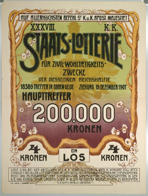 Ein Plakat an einer Gebäudewand mit großen Bildern von Geld und Text, das wahrscheinlich eine Lotterie bewirbt.