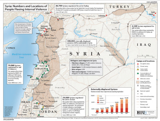 Ein Plakat mit einer Karte von Syrien, das die Anzahl der Menschen hervorhebt, die vor innerer Gewalt fliehen, begleitet von Text und Grafiken, die weitere Informationen zum Thema liefern.