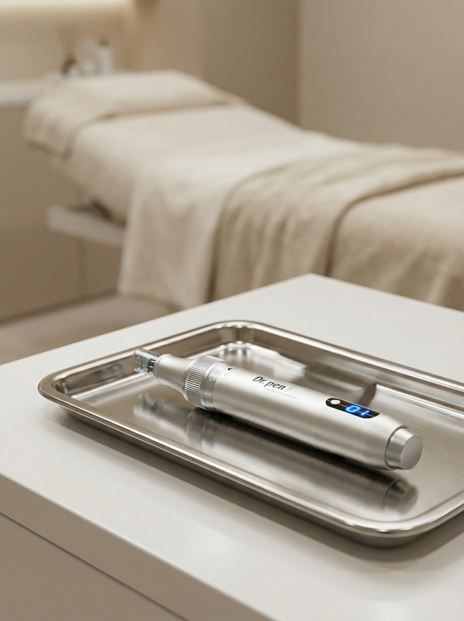 Ein modernes Microneedling-Gerät auf einem sterilen Tablett in einem professionell ausgestatteten Kosmetikstudio.