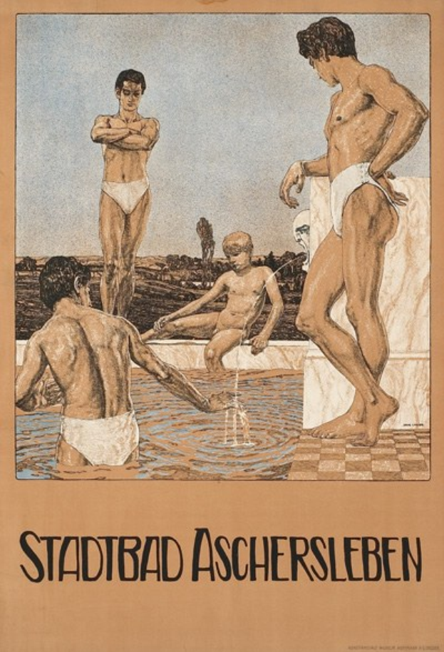 Plakat für ein Schwimmbad in Aschersleben, Deutschland, das Menschen im Wasser zeigt, darunter eine sitzende Person, begleitet von Text.