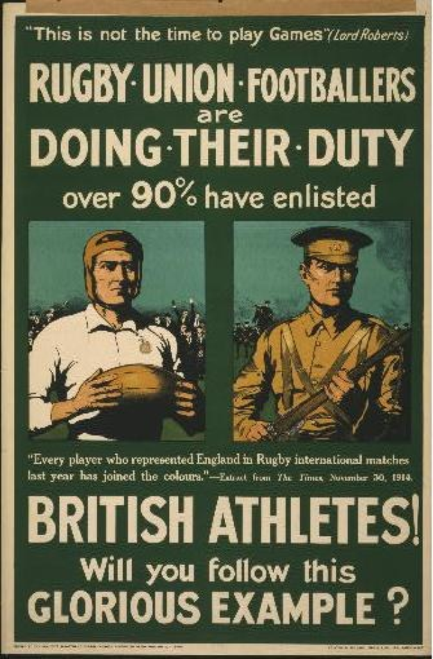 Plakat mit zwei Rugbyspielern in Uniform mit Text über britische Athleten, die sich verpflichtet haben und ihren Aufgaben.