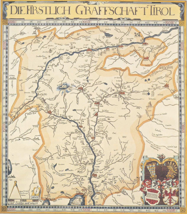 Ausführliches historisches Plakat der ersten Grafschaft Tirol-Karte, zeigt geografische Merkmale wie Flüsse, Berge und Städte, begleitet von erklärendem Text.